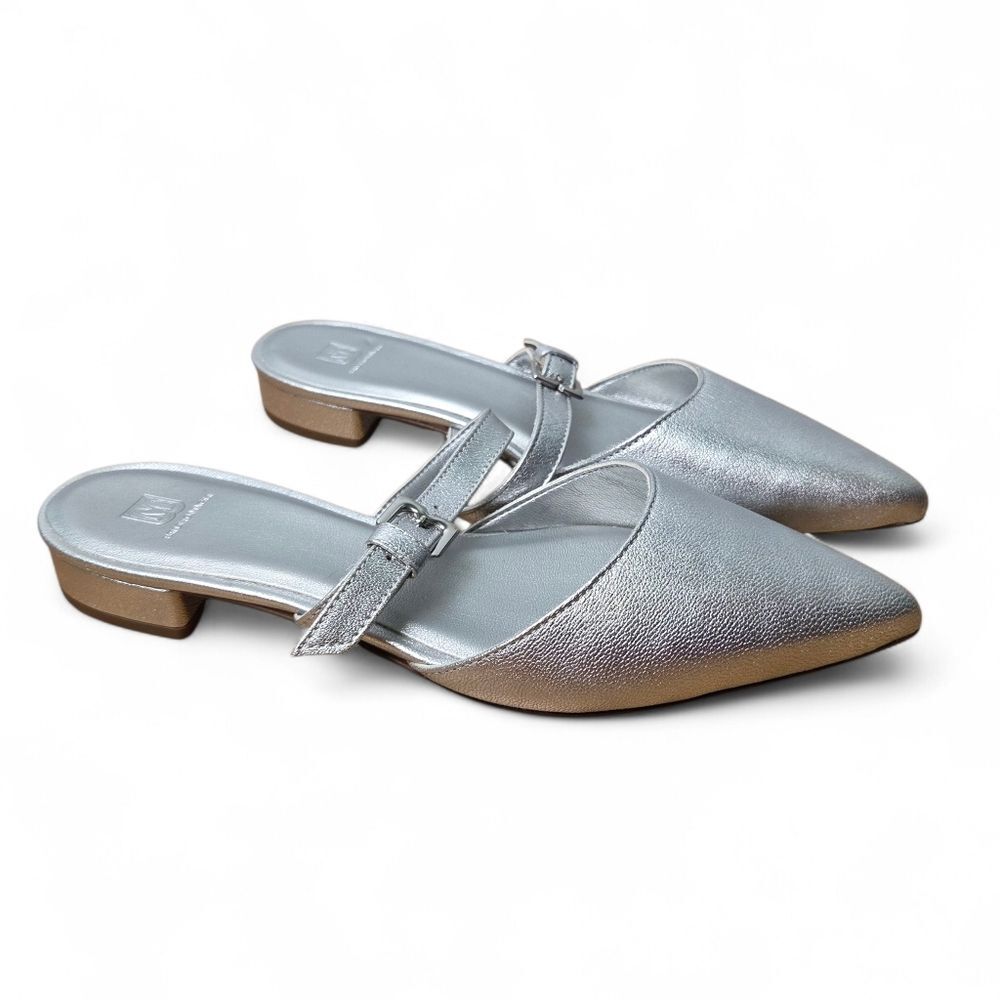 Bruno Magli Pasha Leather Pointed Toe Mule Slides Size 7 Silver